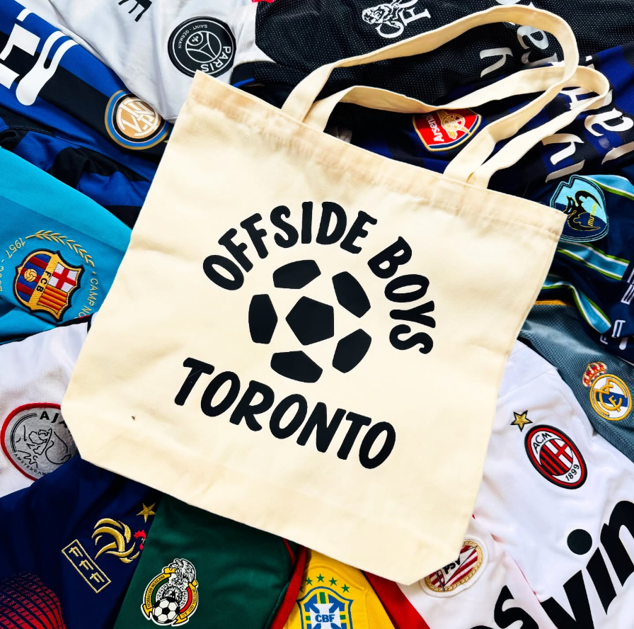 Offside Boys Toronto tote bag on a collection of authentic vintage football shirts